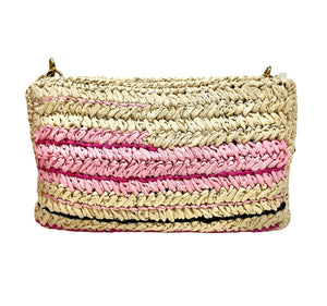 PRADA Vintage Logo Raffia Shoulder Bag Crossbody Zip Pink Cream Polyurethane