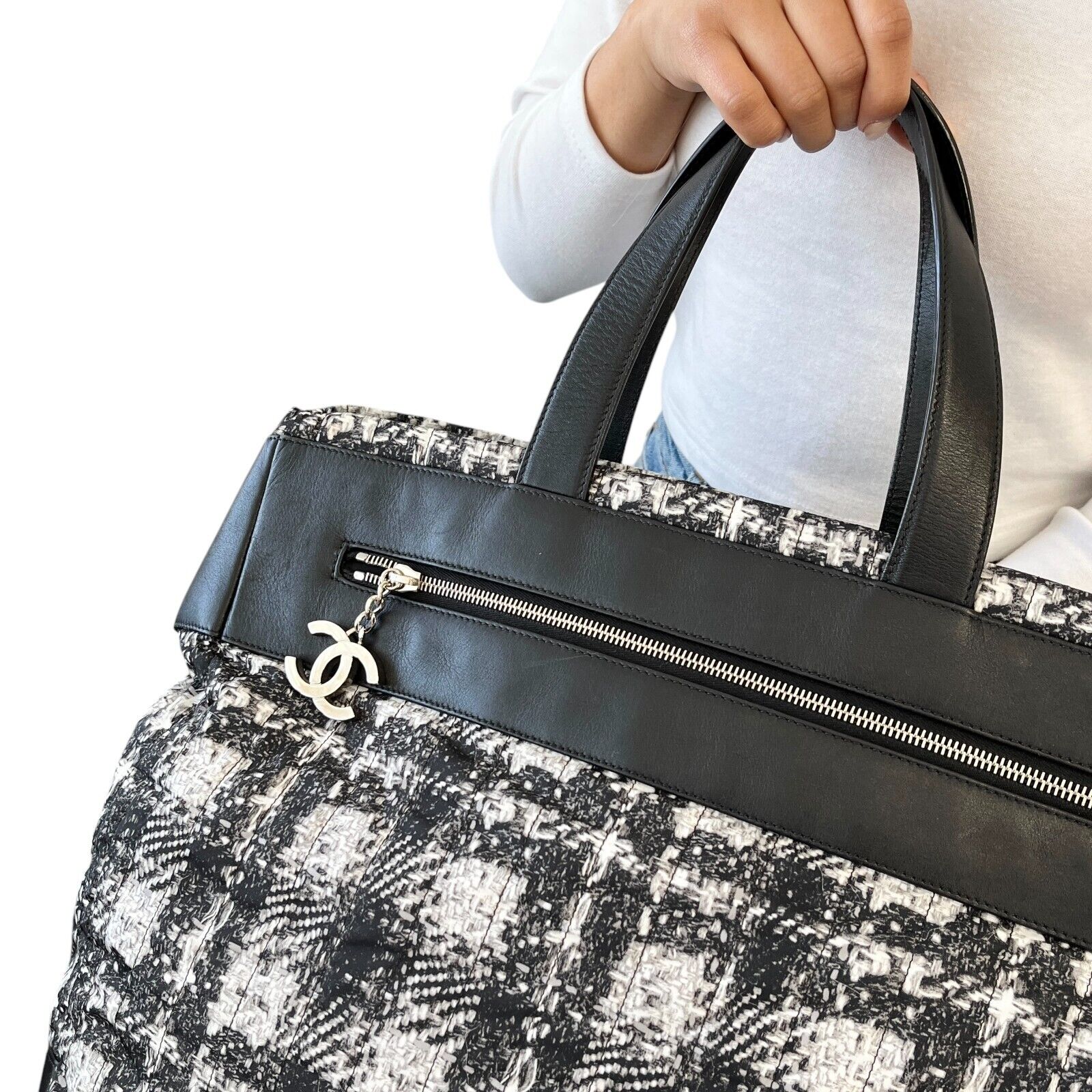 CHANEL Vintage 2013 CC Logo Tweed Print Tote Bag Black Silver Nylon Leather