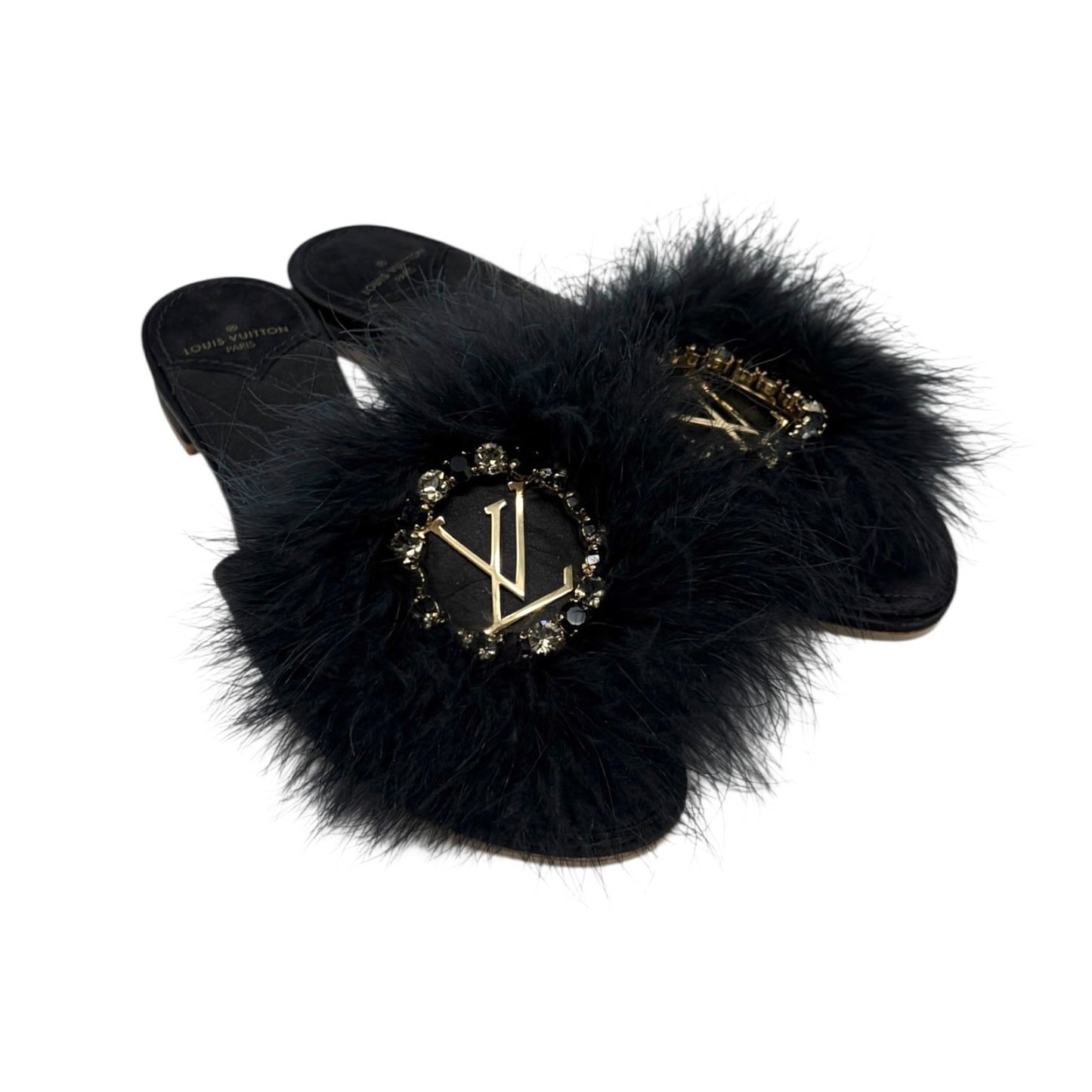 LOUIS VUITTON LV Bijou Logo Fur Flat Sandals #38 Rhinestone Black Satin