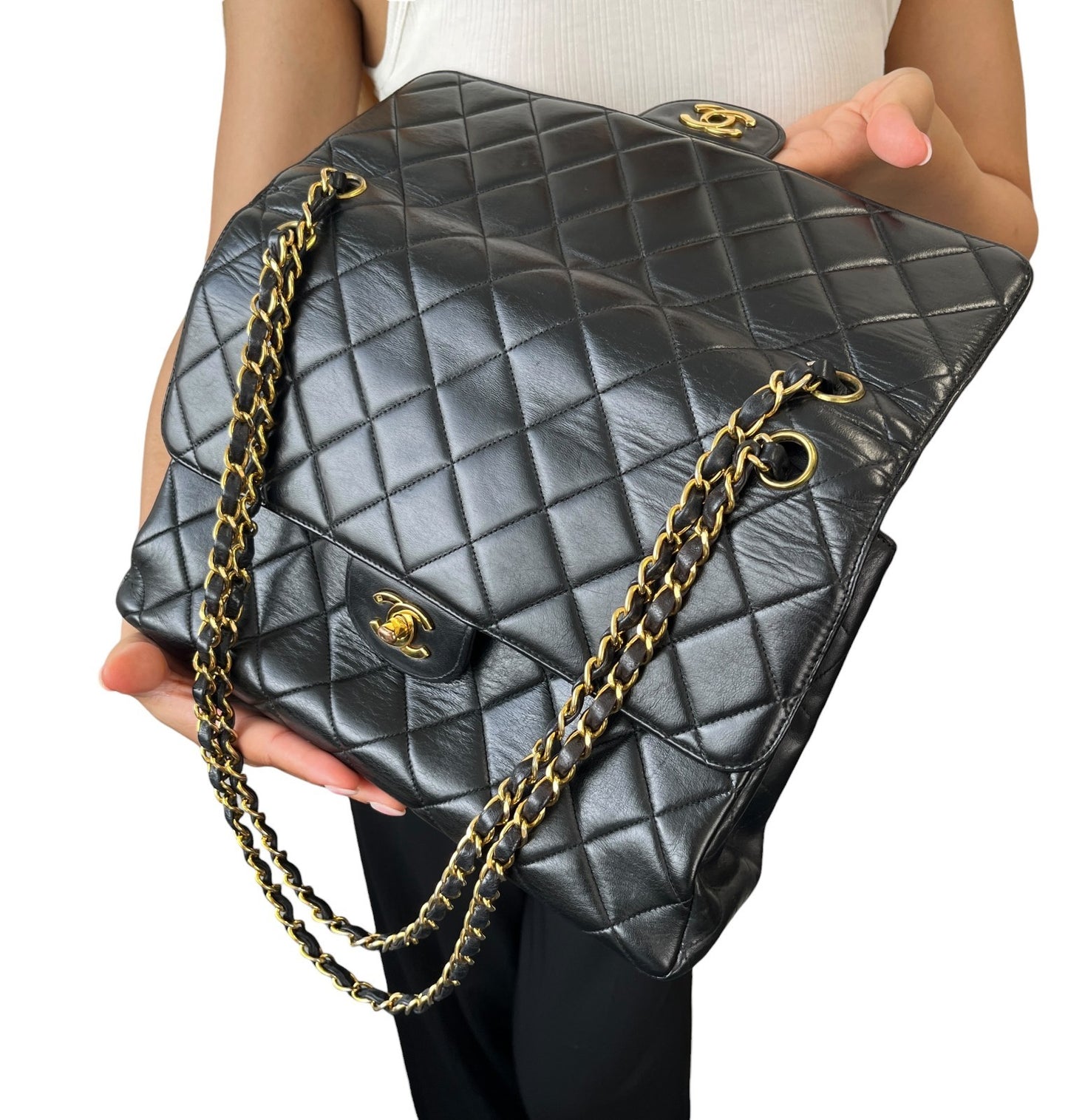 CHANEL Vintage CC Logo Quilted Double Flap Shoulder Bag Black Leather 902285