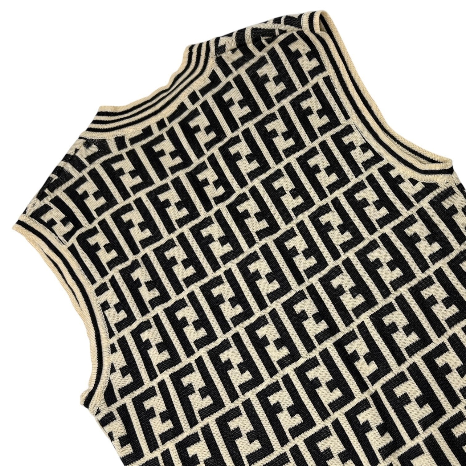 FENDI Vintage Zucca Monogram Knit Vest Cardigan Sweater #38 Cream Black Cotton