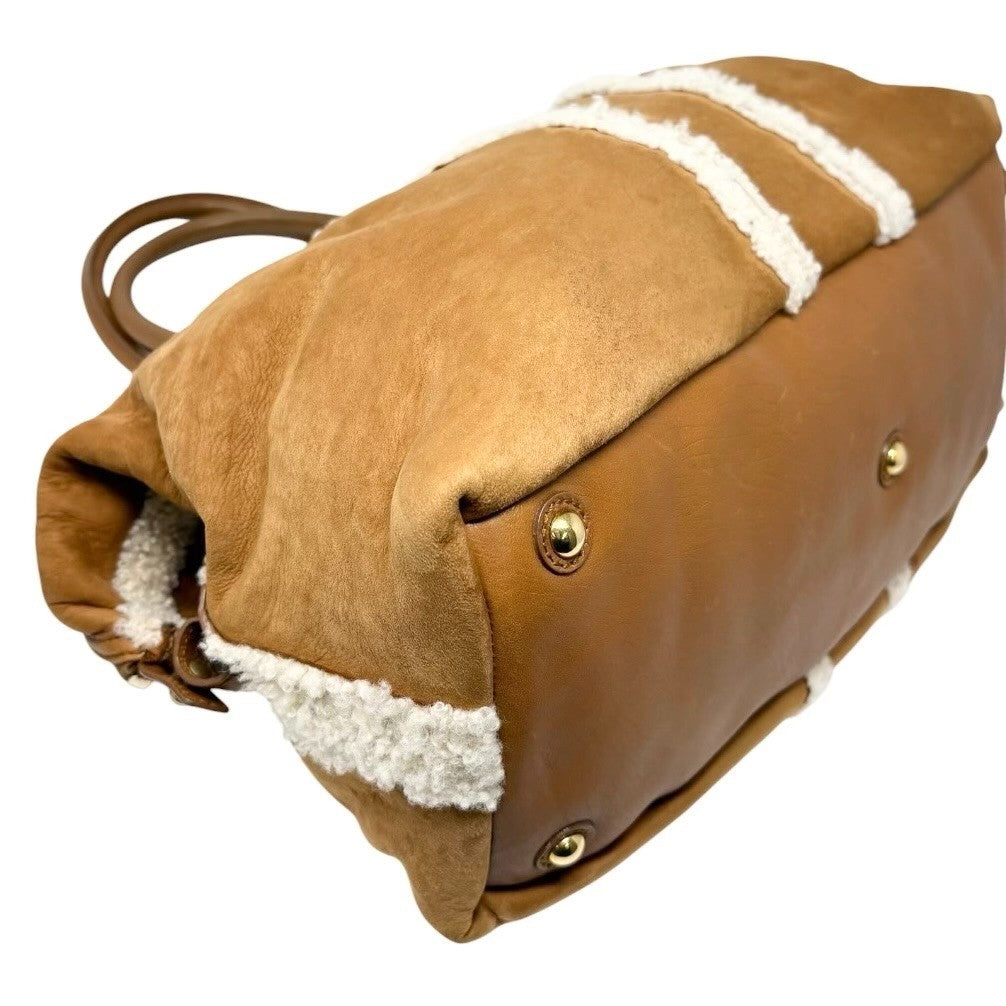 Yves Saint Laurent Vintage YSL Logo Boa Boston Bag Brown Cream Suede 902808