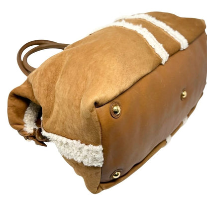 Yves Saint Laurent Vintage YSL Logo Boa Boston Bag Brown Cream Suede 902808