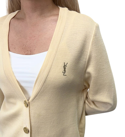 Yves Saint Laurent Vintage YSL Logo Cardigan Sweater Top Cream Gold 902375