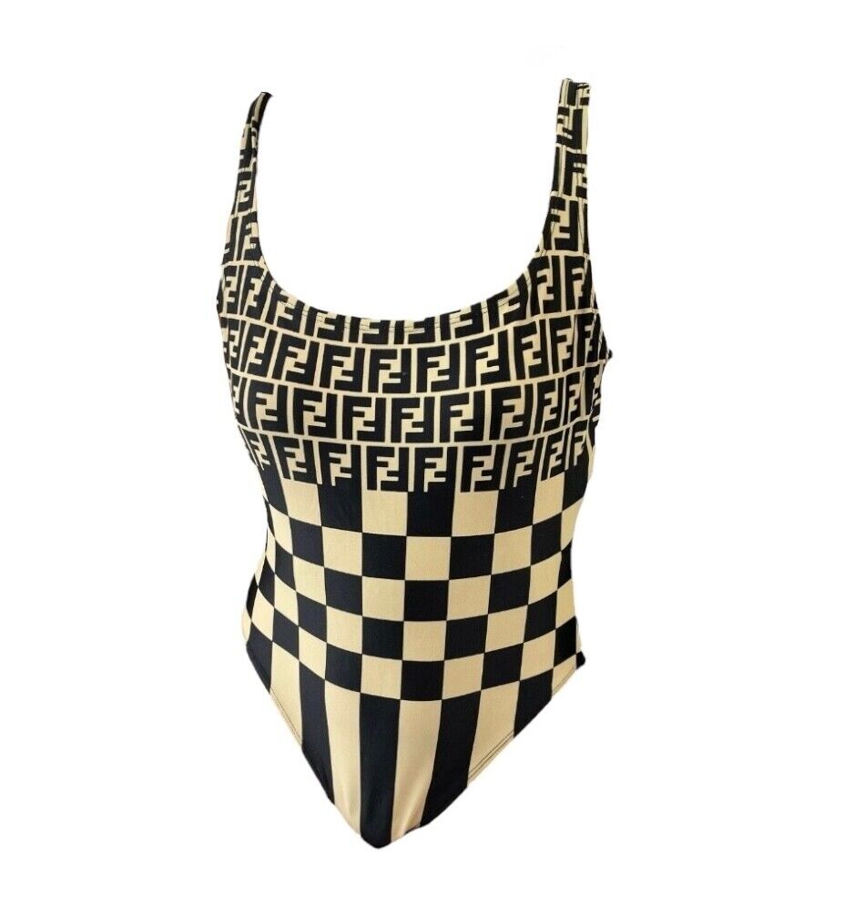 FENDI Vintage Zucca Monogram Swimwear Swimsuit One-piece #42 Stripe Beige RankAB