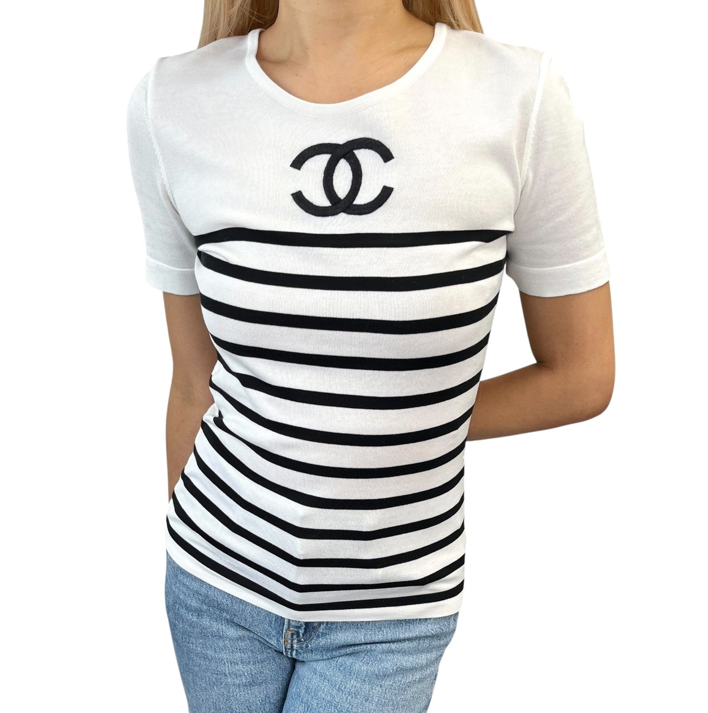CHANEL Vintage CC Logo Strip T-shirt Top #38 White Black Cotton Short Sleeve