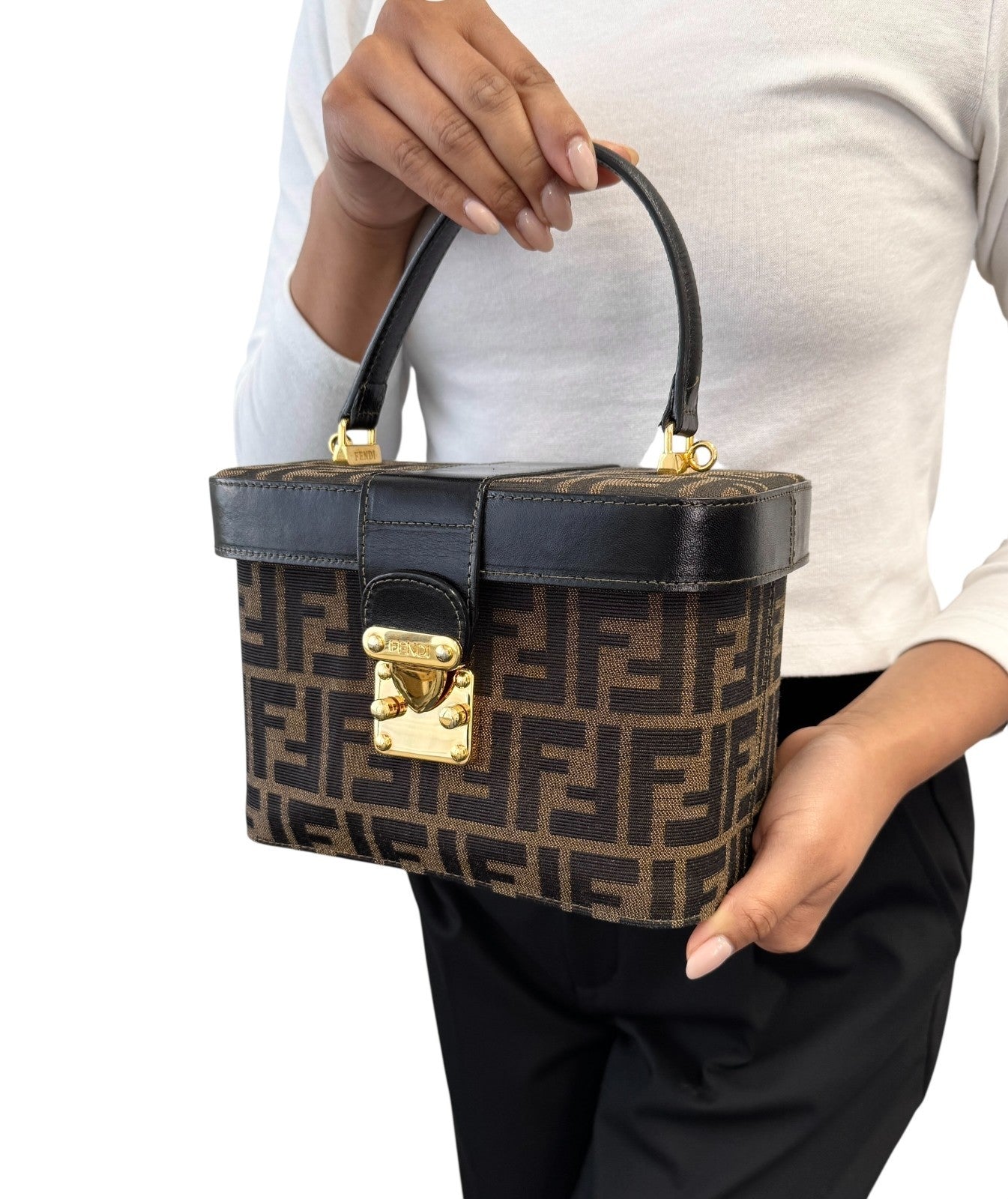FENDI Vintage FF Zucca Vanity Bag 2way Handbag Crossbody Brown Canvas Leather