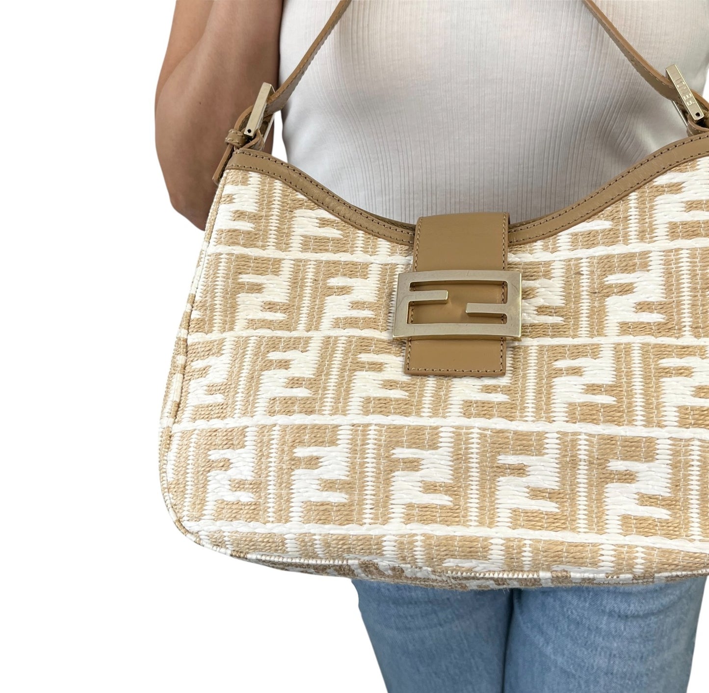FENDI Vintage FF Logo Zucca Raffia Hobo Shoulder Bag Brown White Leather