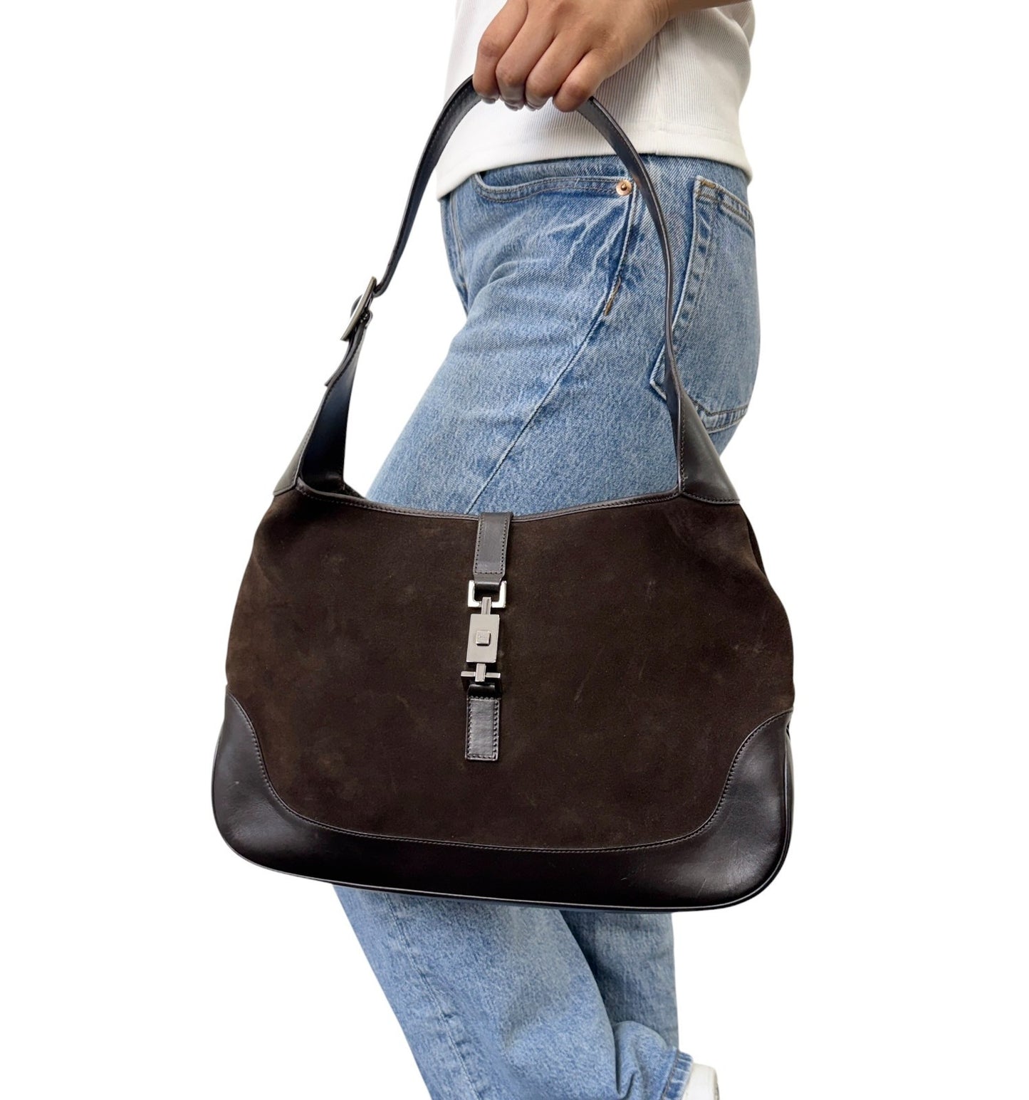 GUCCI Vintage Logo Jackie Shoulder Bag Handbag Brown Black Suede 902432