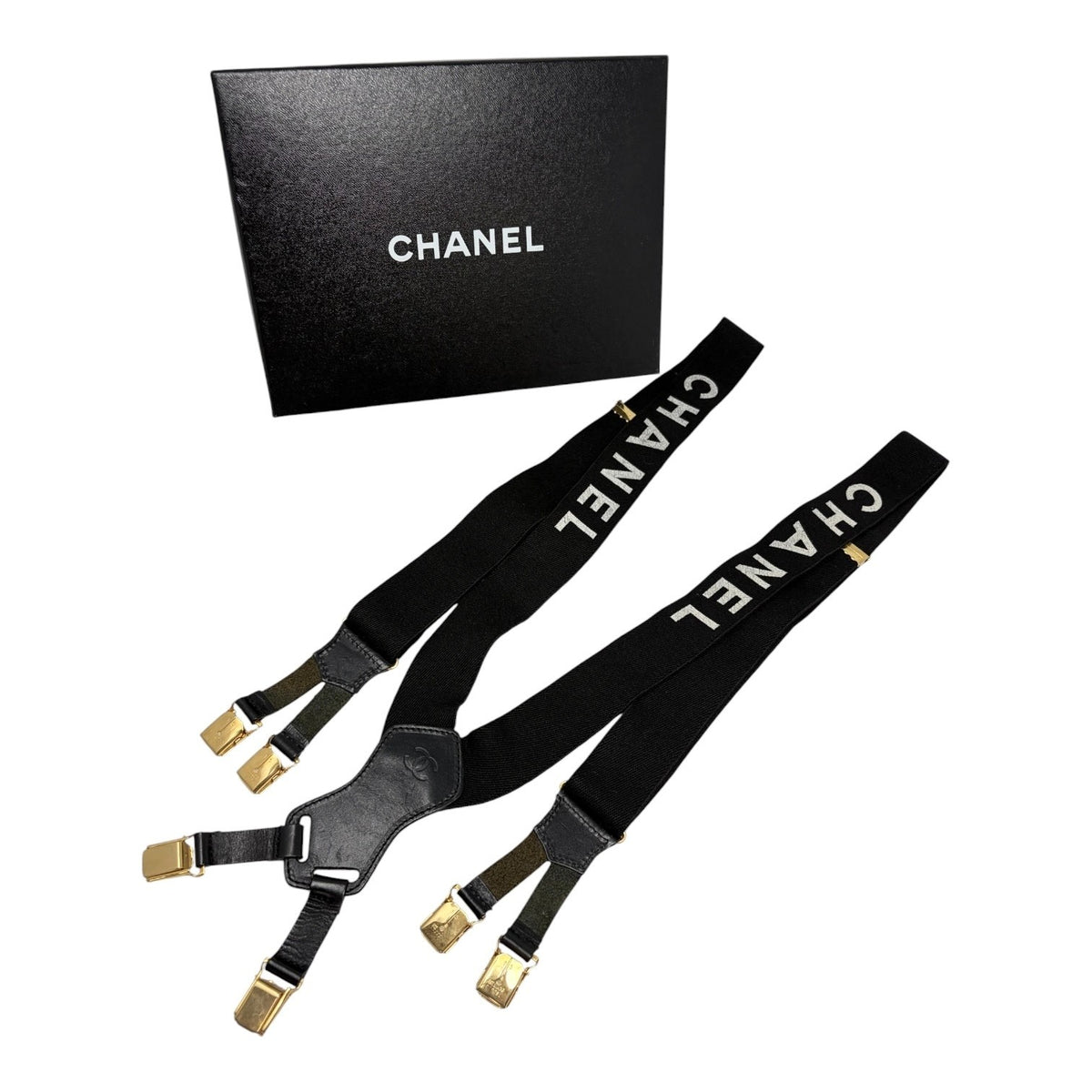 CHANEL Vintage 1994 CC Logo Suspender Belt Black White Cotton Leather 902387