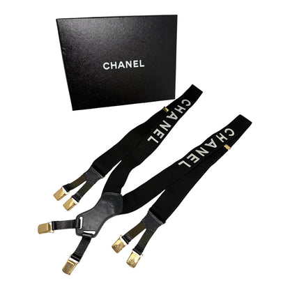 CHANEL Vintage 1994 CC Logo Suspender Belt Black White Cotton Leather 902387