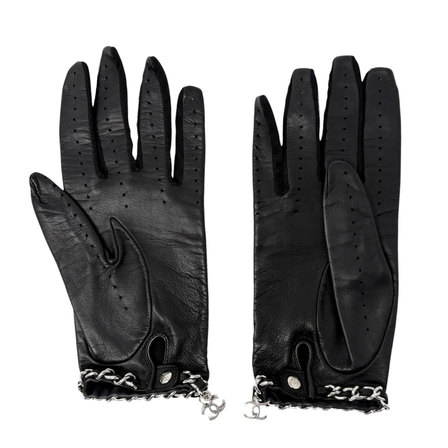 CHANEL Vintage CC Logo Chain Leather Perforated Gloves #7.5 Black Silver 901842