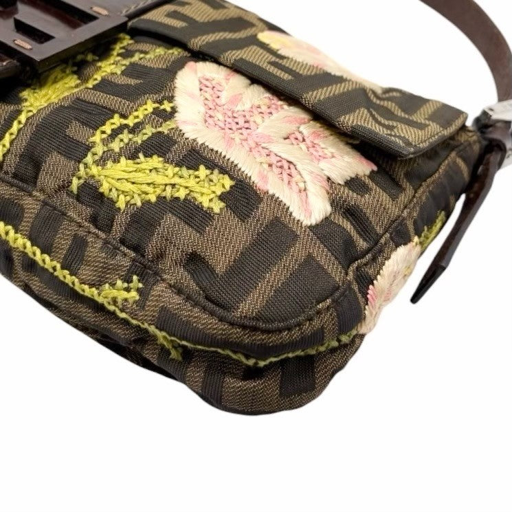 FENDI Vintage FF Zucca Mamma Baguette Flower Shoulder Bag Canvas Brown 901848