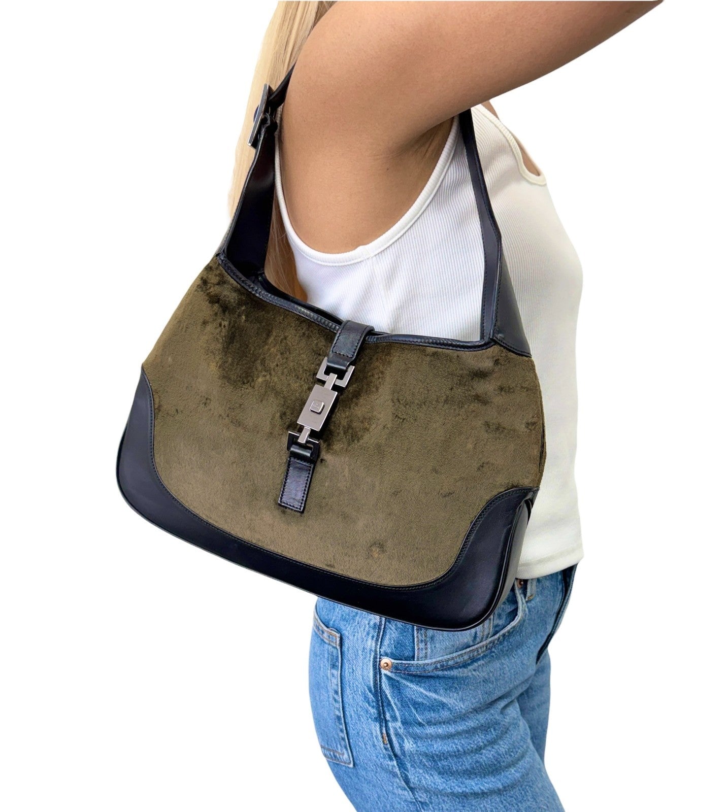 GUCCI Vintage Jackie Velour Shoulder Bag Handbag Green Black Leather 901870