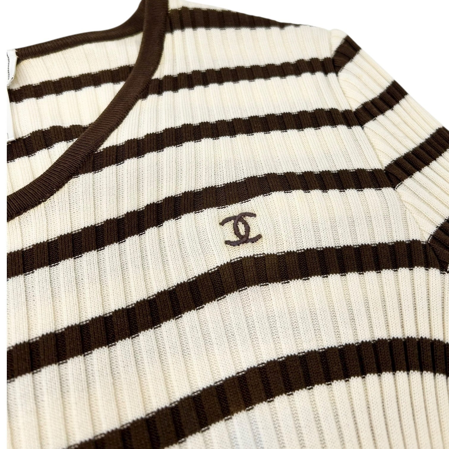 CHANEL Vintage 98P CC Mark Logo Striped Ribbed Knit Top #40 Brown White Cotton