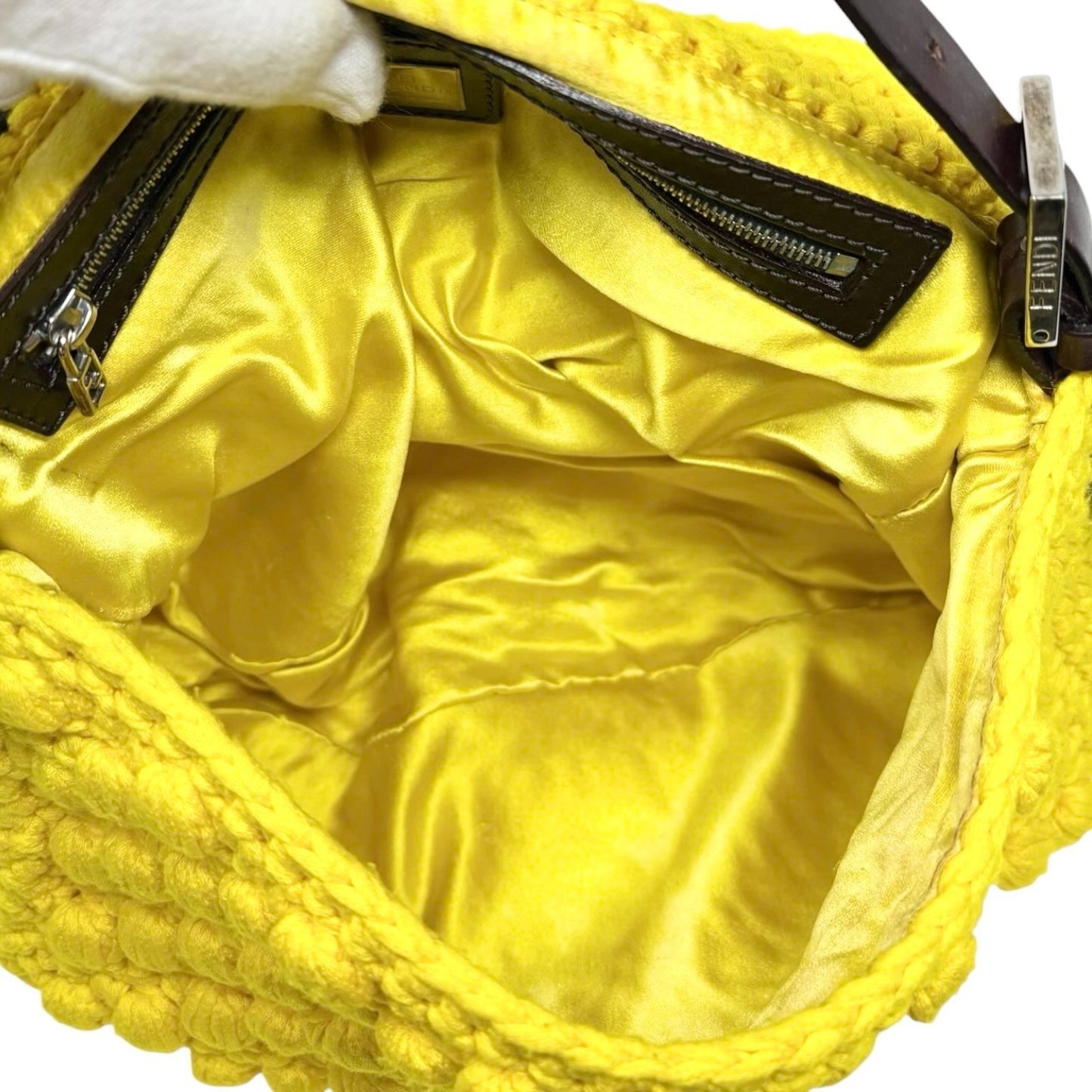 FENDI Vintage Logo Mamma Baguette Knit Shoulder Bag Yellow Brown 901876