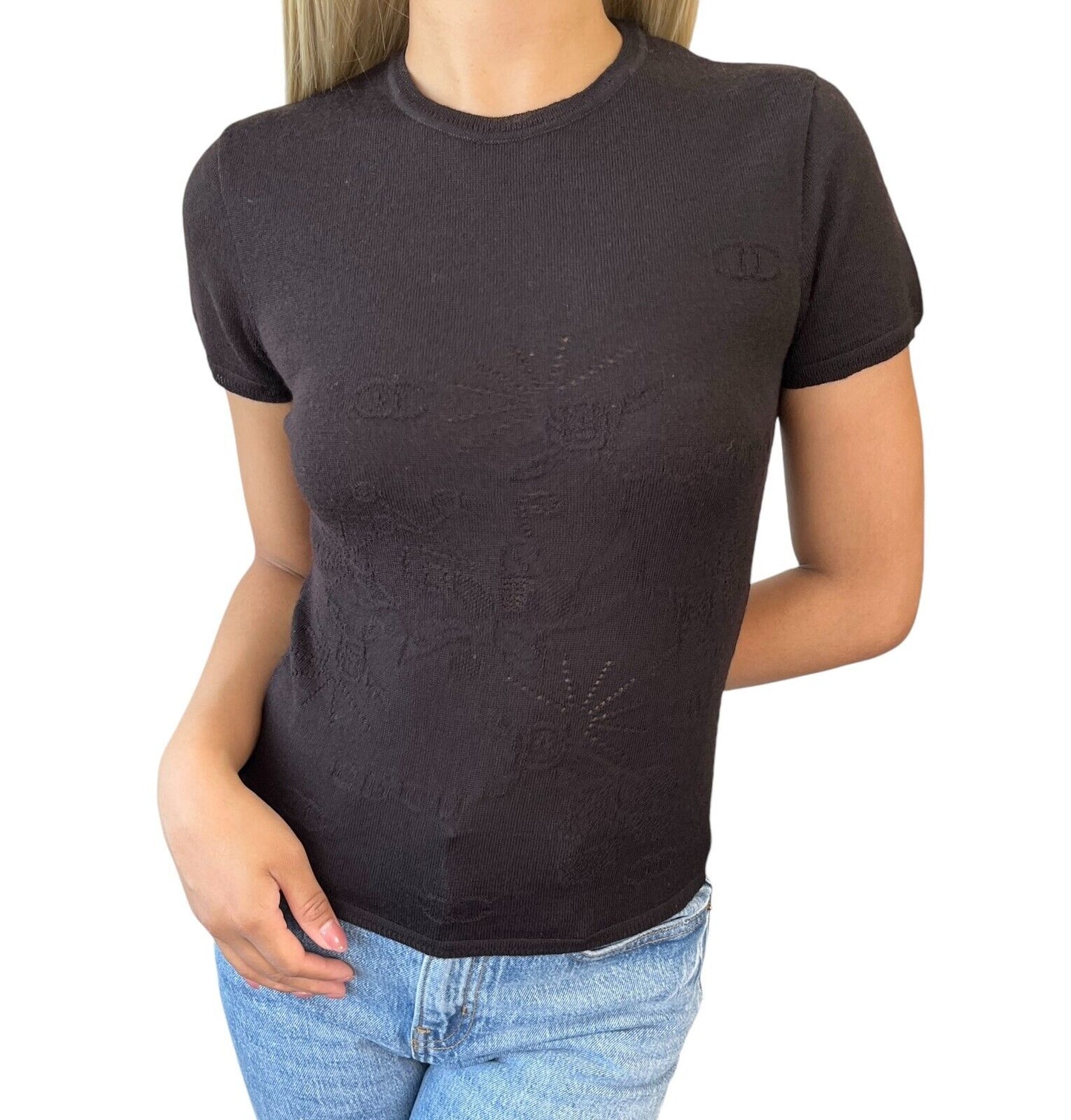 CHANEL Vintage 01A CC Logo Short Sleeve Sweater Knit Top #38 Black Wool Rank AB