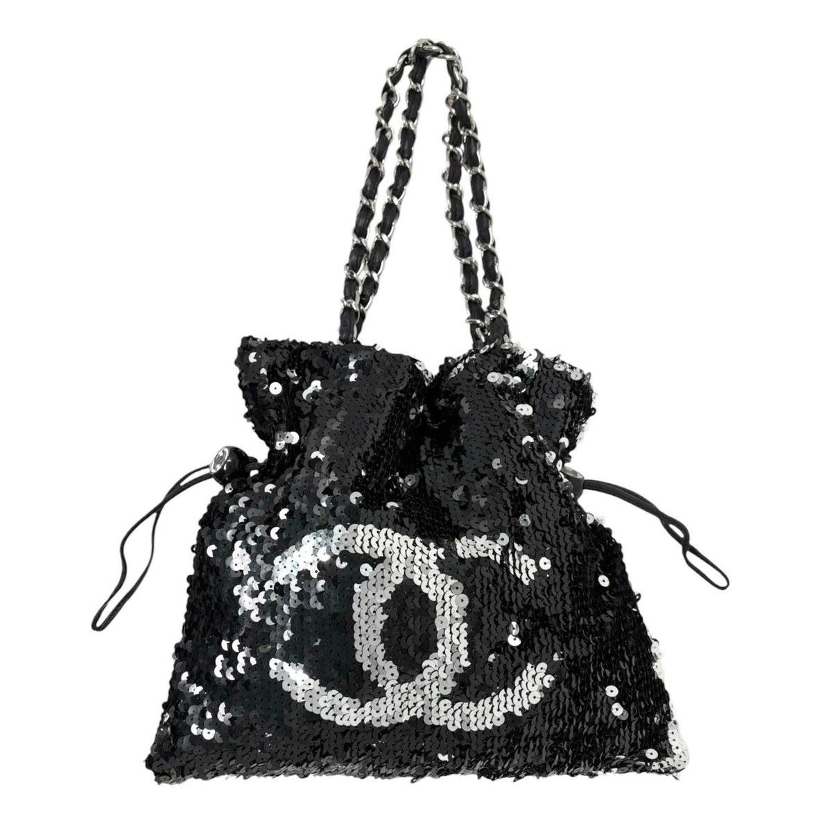CHANEL Vintage CC Logo Sequins Chain Shoulder Bag Black Silver Leather 902342