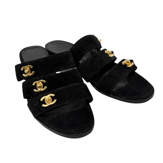 CHANEL Vintage CC Turnlock Flat Slide Sandals #37 Black Gold  Suede 902296
