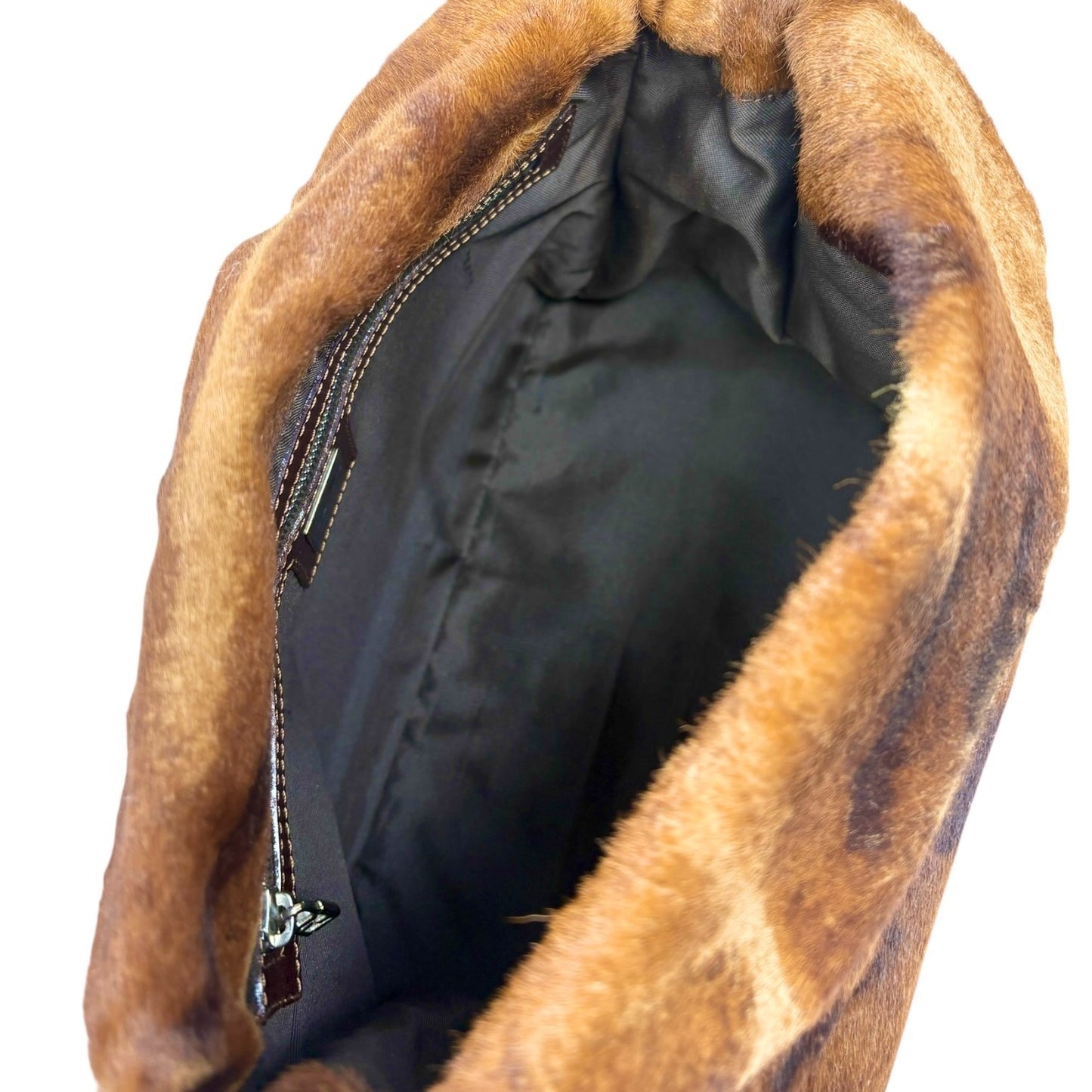 FENDI Vintage FF Logo Mamma Baguette Pony Calf Hair Shoulder Bag Brown Beige