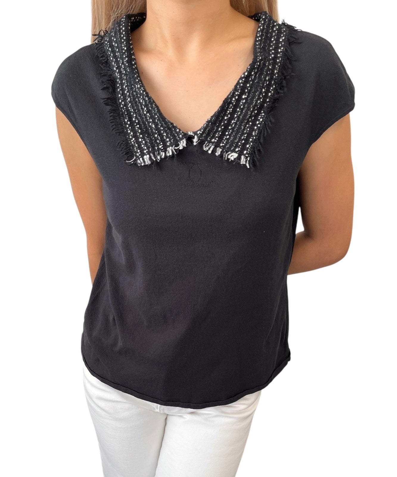 CHANEL Vintage 05P CC Logo Knit Top Pullover #44 Black Short Sleeve Tweed