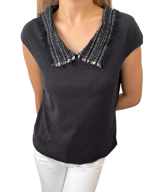 CHANEL Vintage 05P CC Logo Knit Top Pullover #44 Black Short Sleeve Tweed