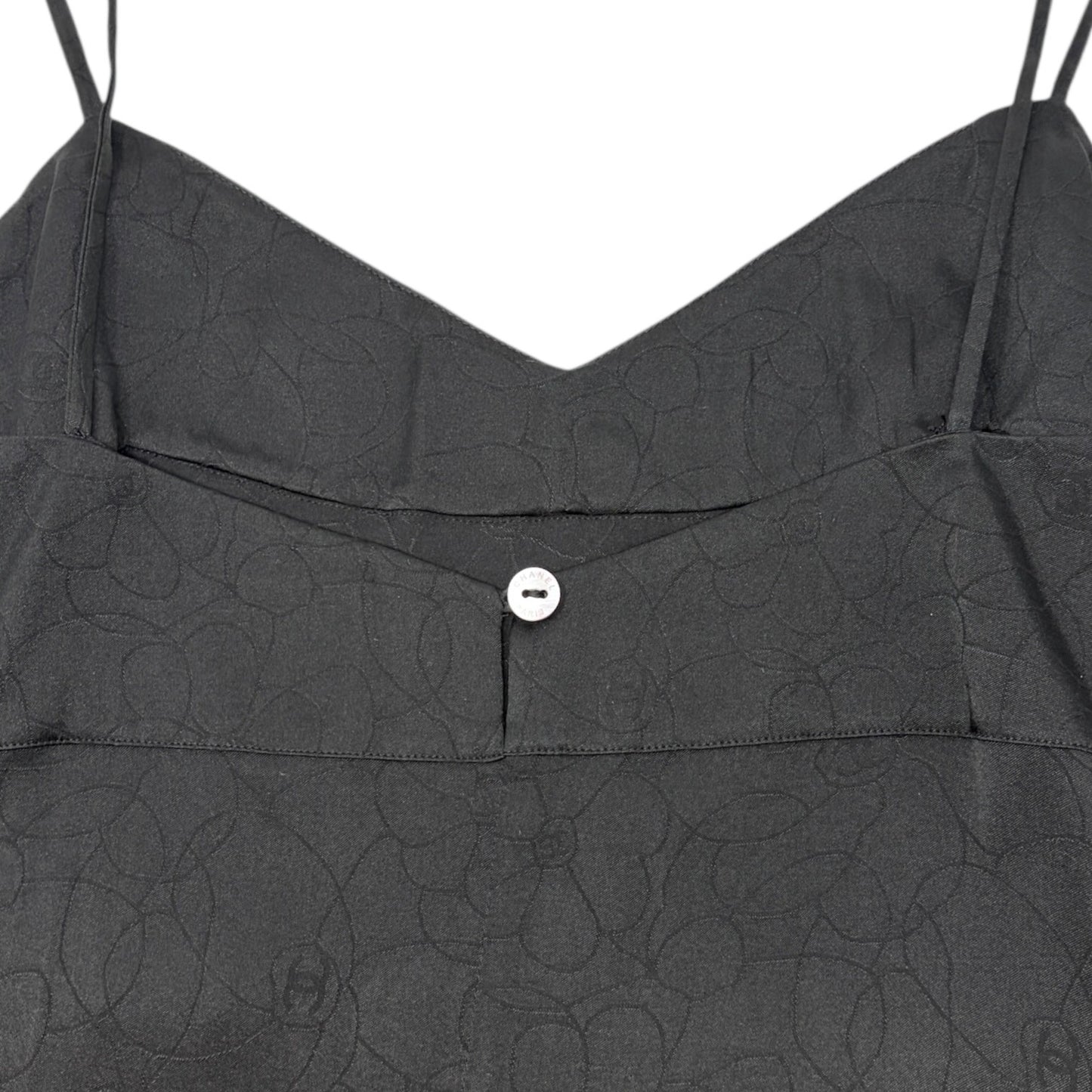 CHANEL Vintage 01P CC Logo Dress One-piece #38 Flower Camellia Button Black Silk