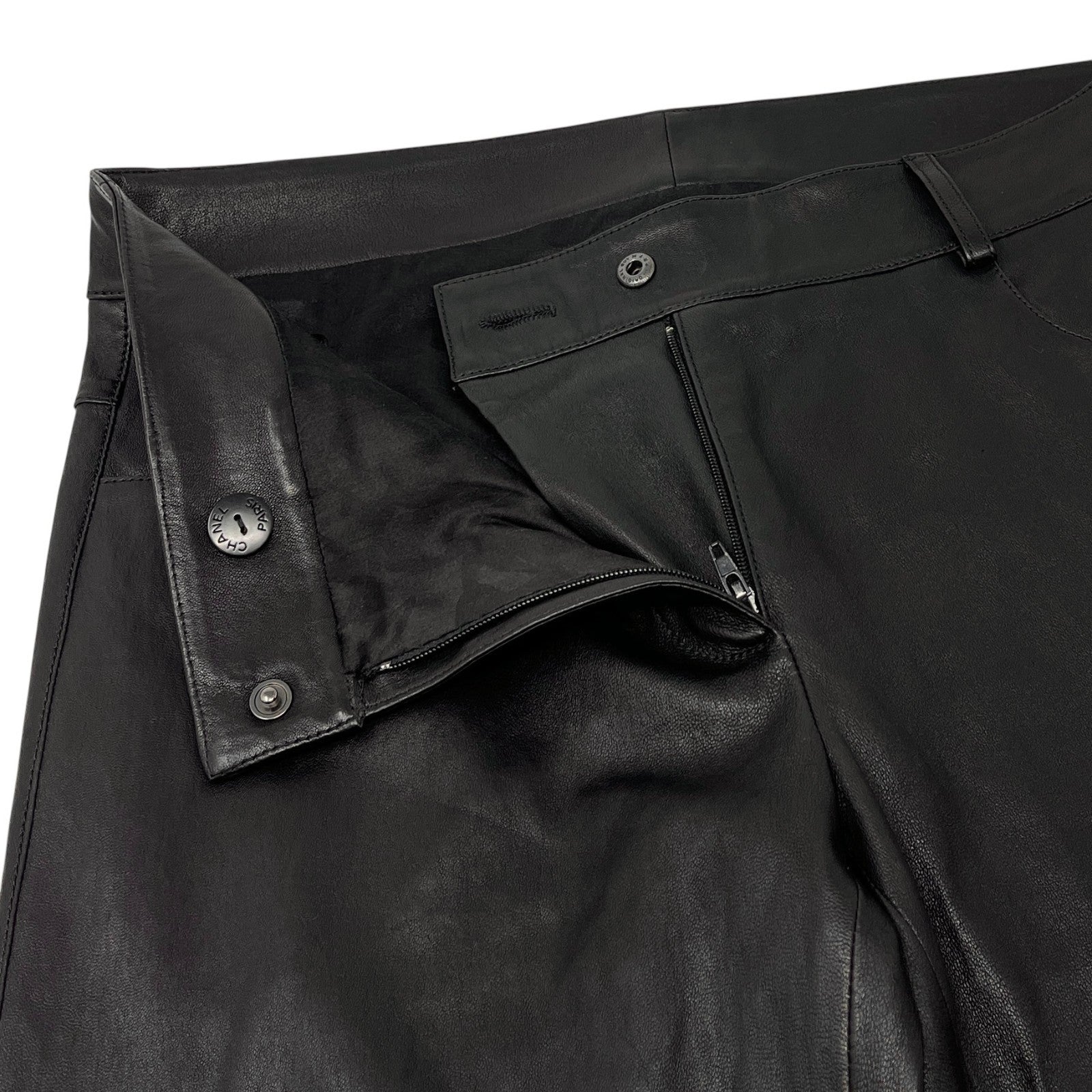 CHANEL Vintage P47479 CC Mark Logo Leather Pants #38 Button Zip Black Lambskin