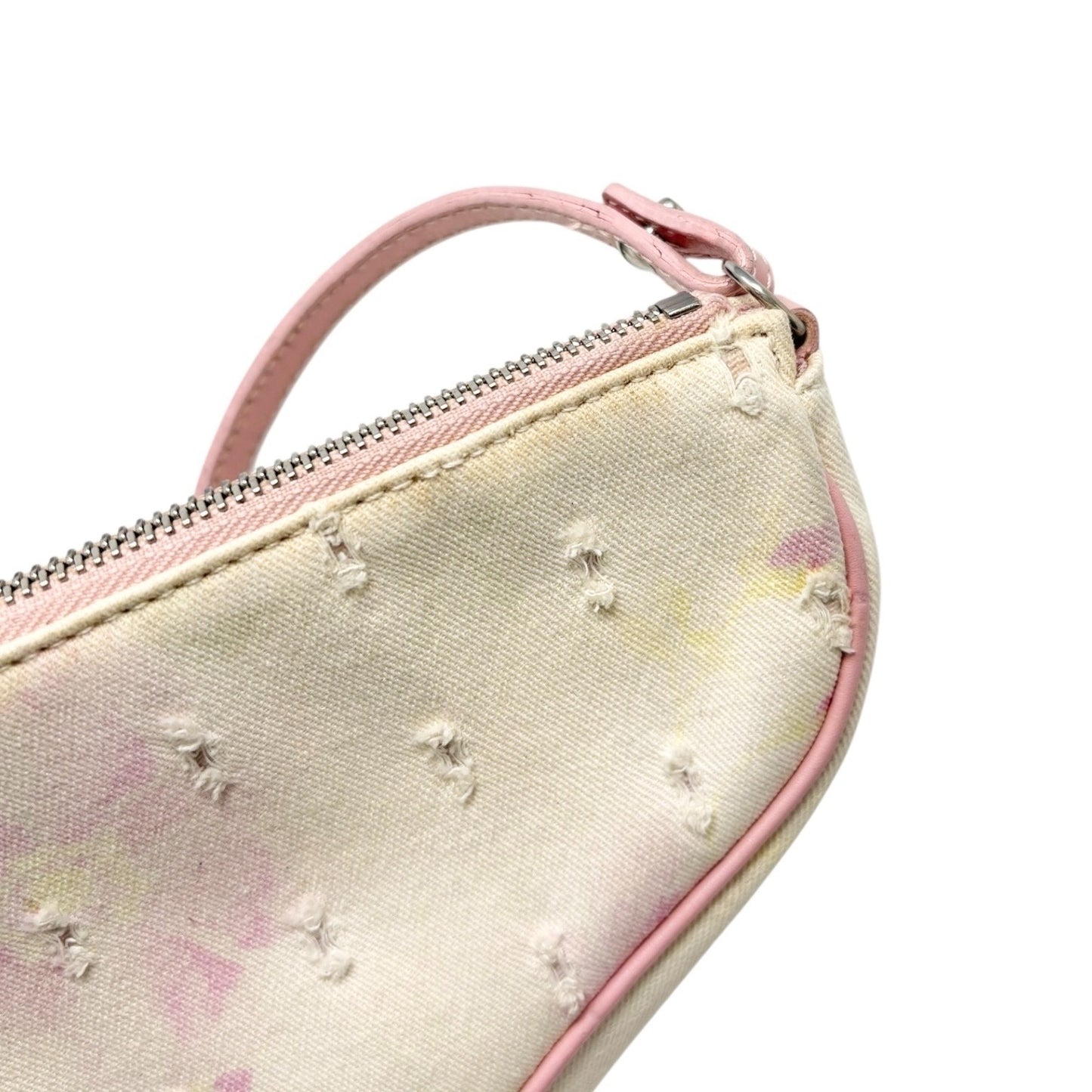 Christian Dior Vintage 2003 Distressed Floral Denim Mini Saddle Bag White Pink