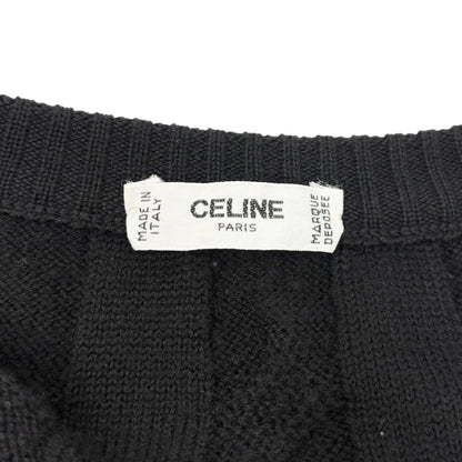 CELINE Vintage Logo Cable Knit Cardigan Top Button Black Gold 902914