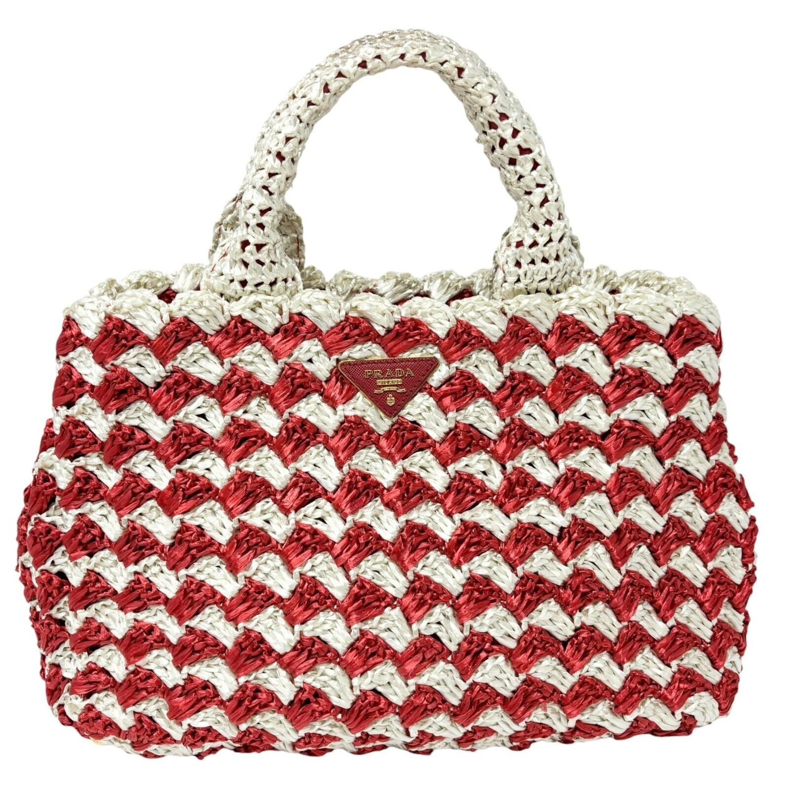 PRADA Vintage Logo Raffia Tote Bag Red Cream Polyethylene Snap Button Rank AB