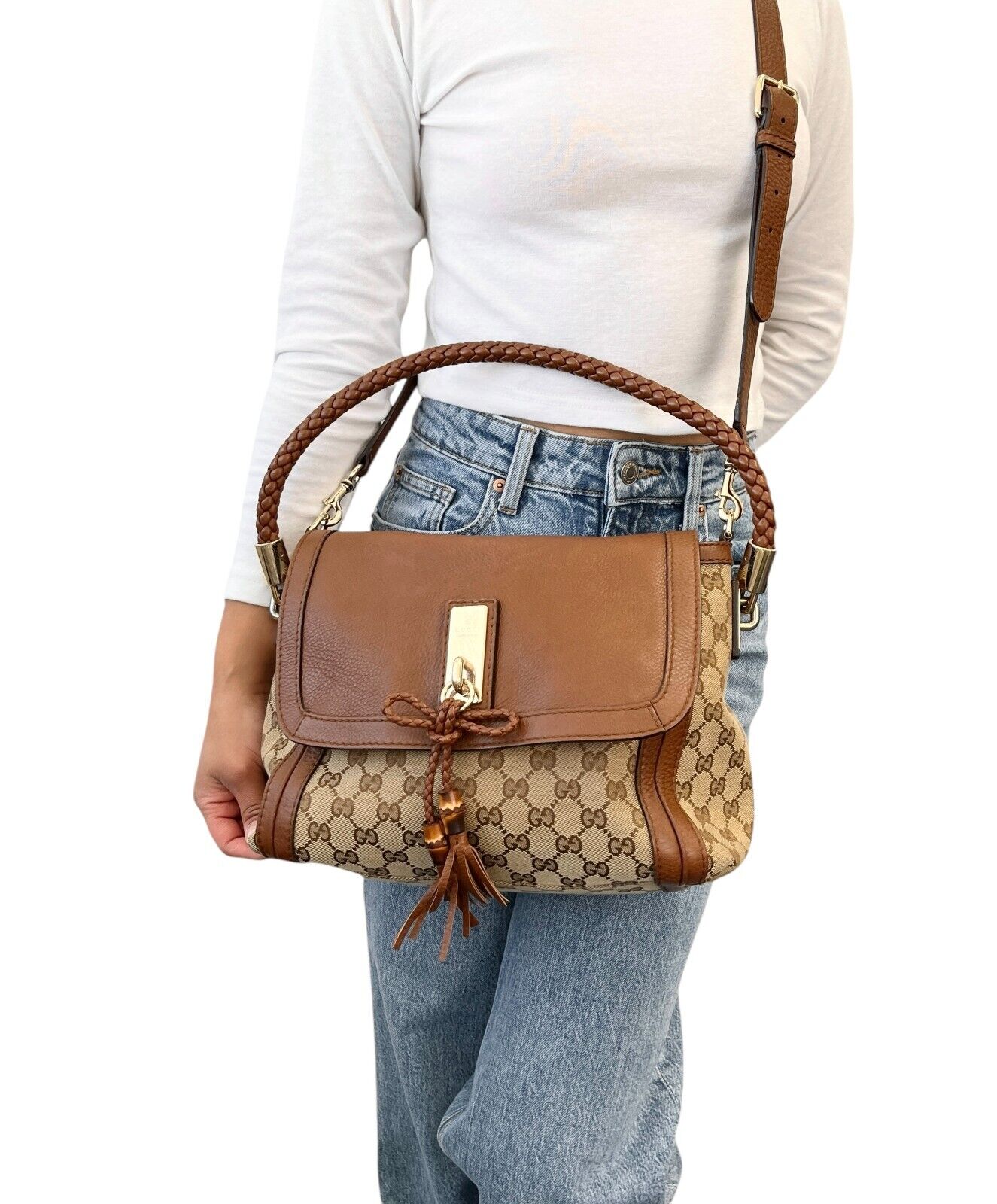 GUCCI Vintage GG Monogram Logo 2way Crossbody Shoulder Bag Beige Brown Canvas