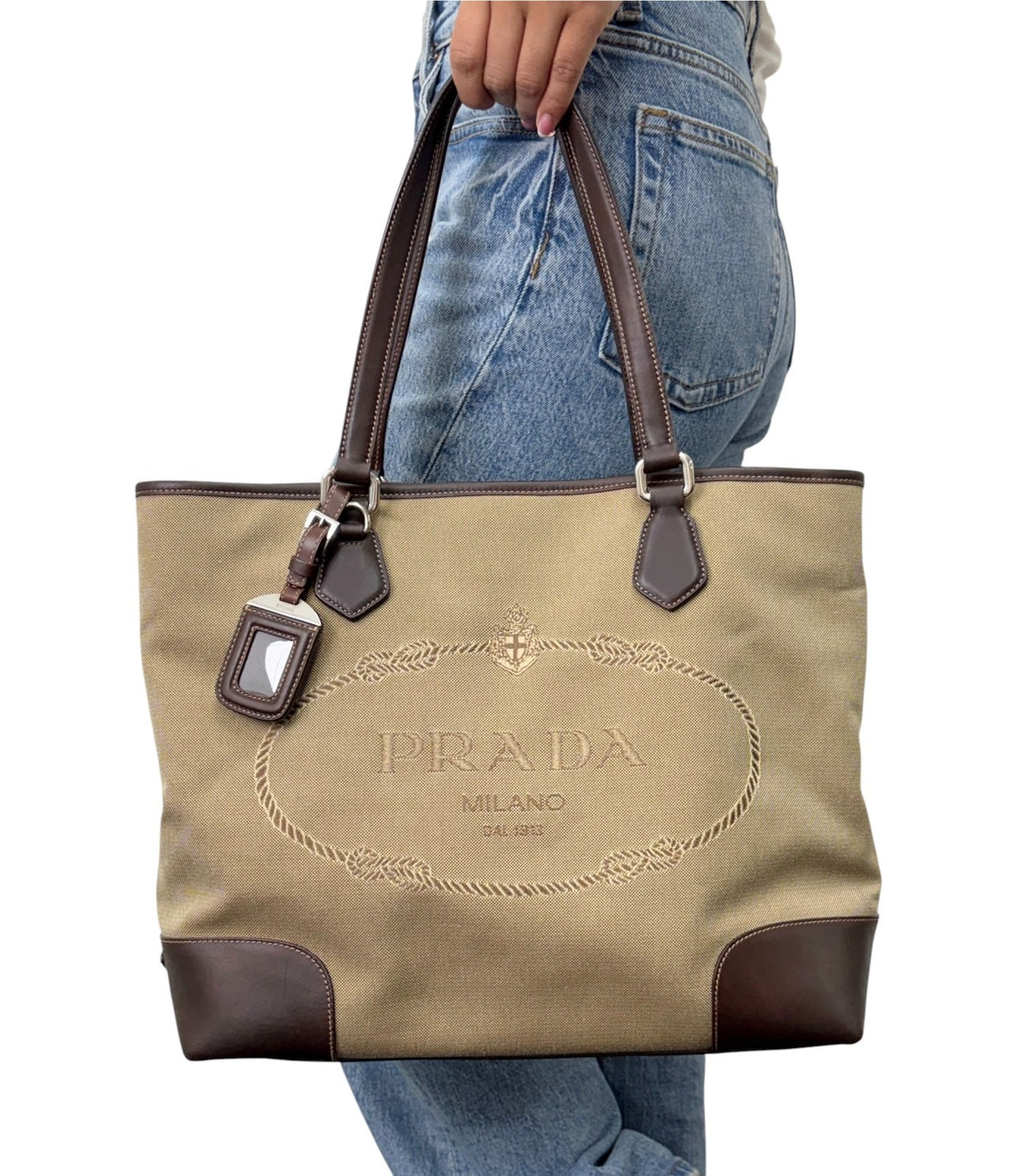 PRADA Vintage Jacquard Logo Tote Bag Brown Silver Canvas Leather 902340