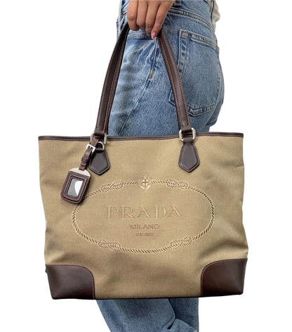 PRADA Vintage Jacquard Logo Tote Bag Brown Silver Canvas Leather 902340