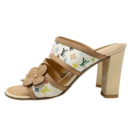 LOUIS VUITTON Vintage Monogram Multicolor Heels Sandals #37.5 White Murakami