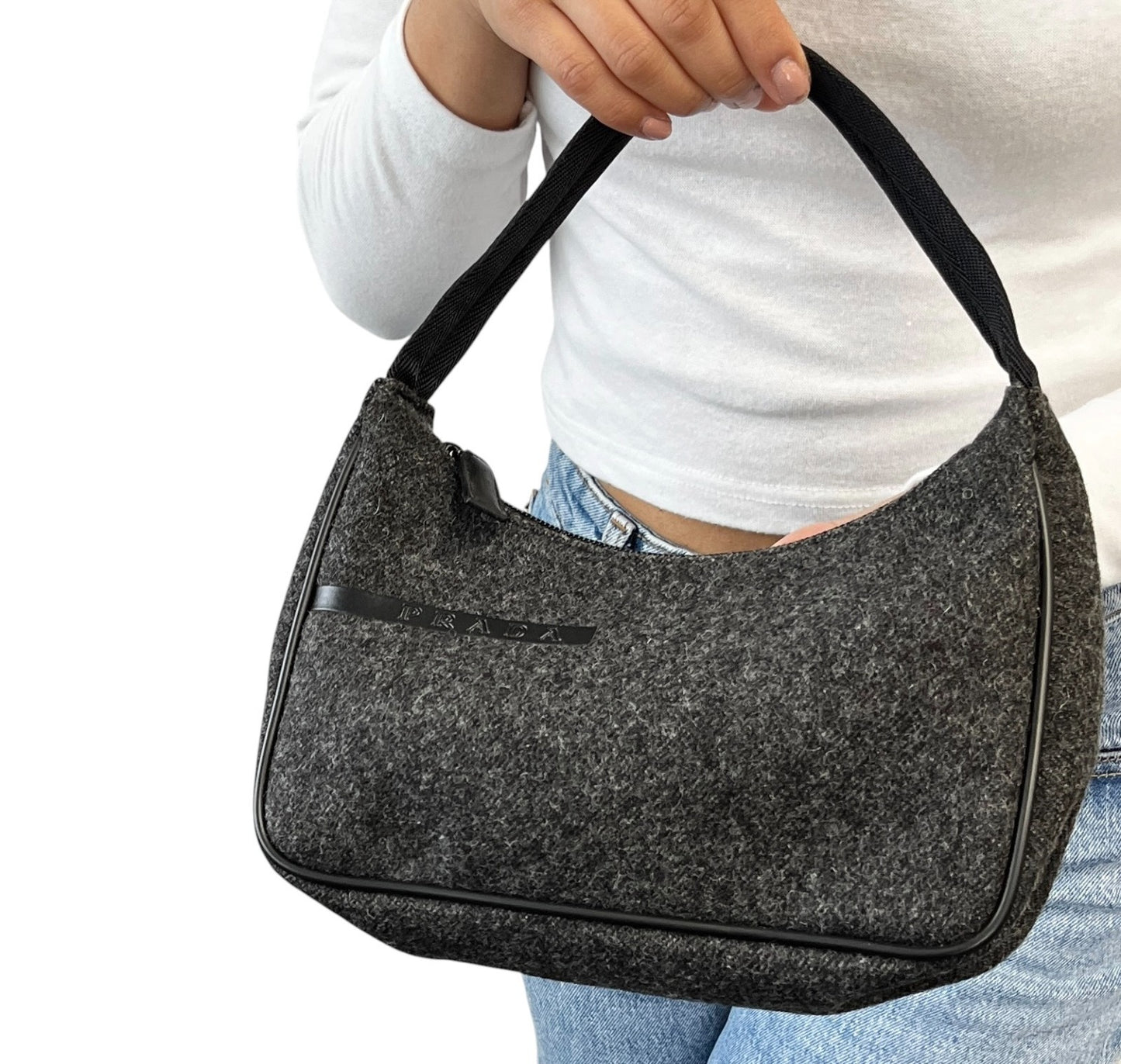 PRADA Sport Vintage Logo Wool Mini Bag Pochette Pouch Gray Black Leather