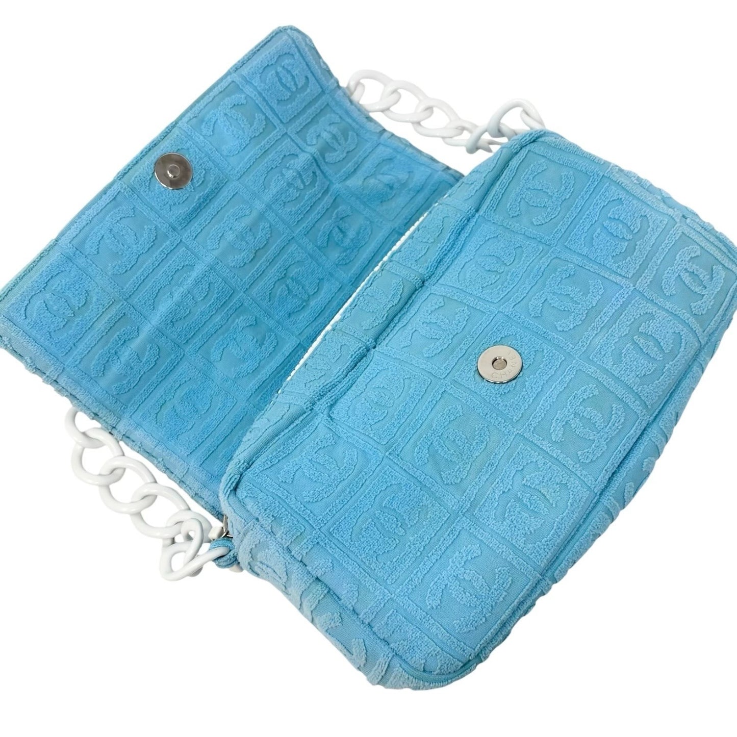 CHANEL Vintage CC Logo Terry Cloth Chain Shoulder Bag Blue White 901828