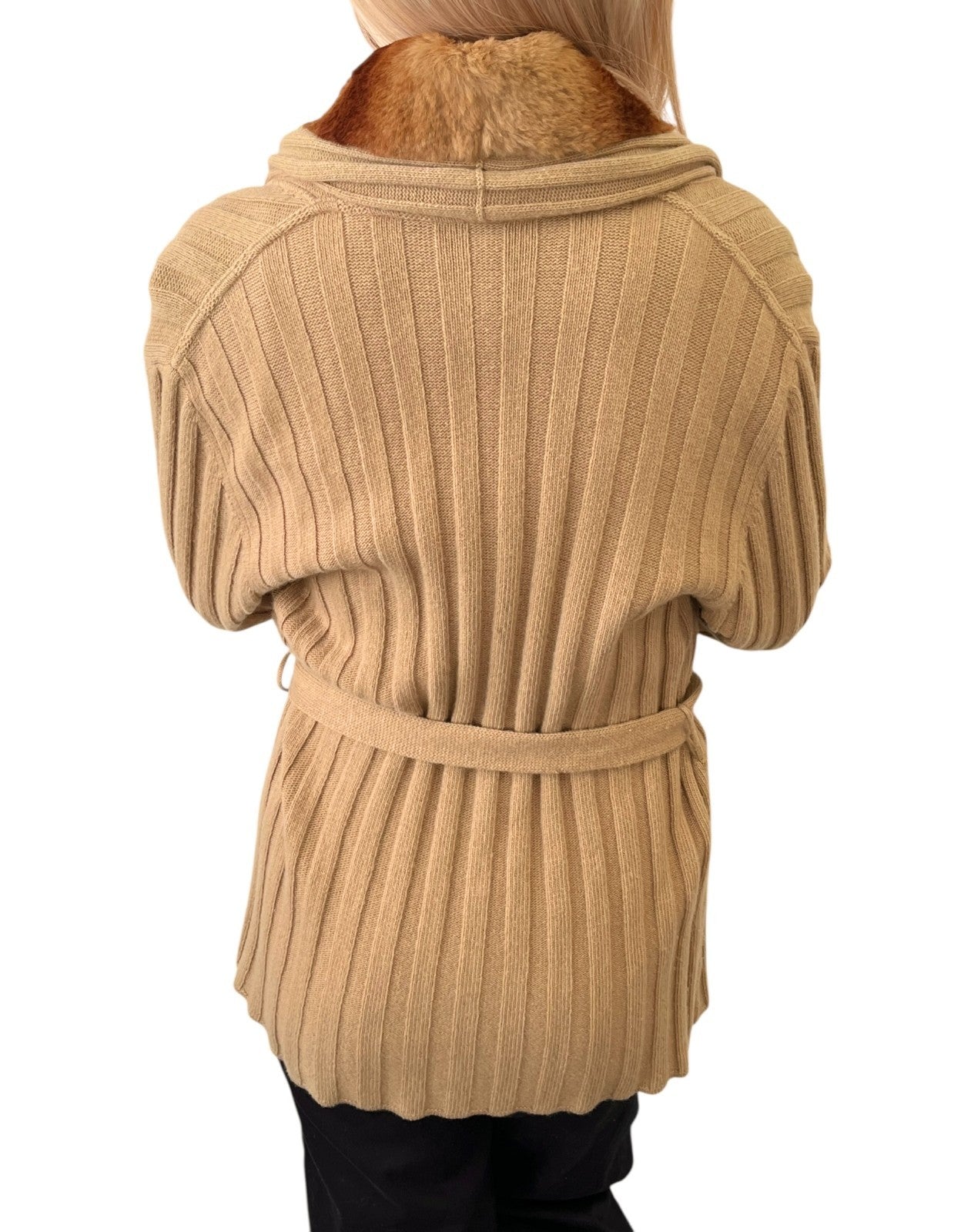 FENDI Vintage Fur Knit Rib Cardigan Jacket #46 Belt Beige Brown Wool