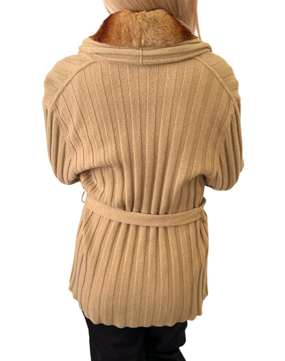 FENDI Vintage Fur Knit Rib Cardigan Jacket #46 Belt Beige Brown Wool