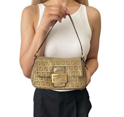 FENDI Vintage FF Logo Mamma Baguette Mini Shoulder Bag Pochette Gold 902053