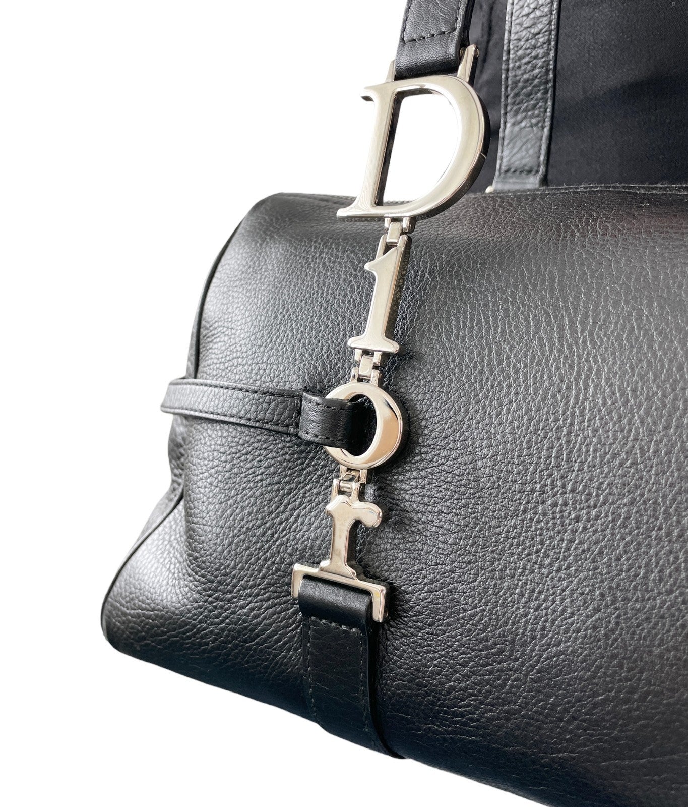 Christian Dior Vintage Logo Charm Shoulder Bag Black Silver Leather 901869
