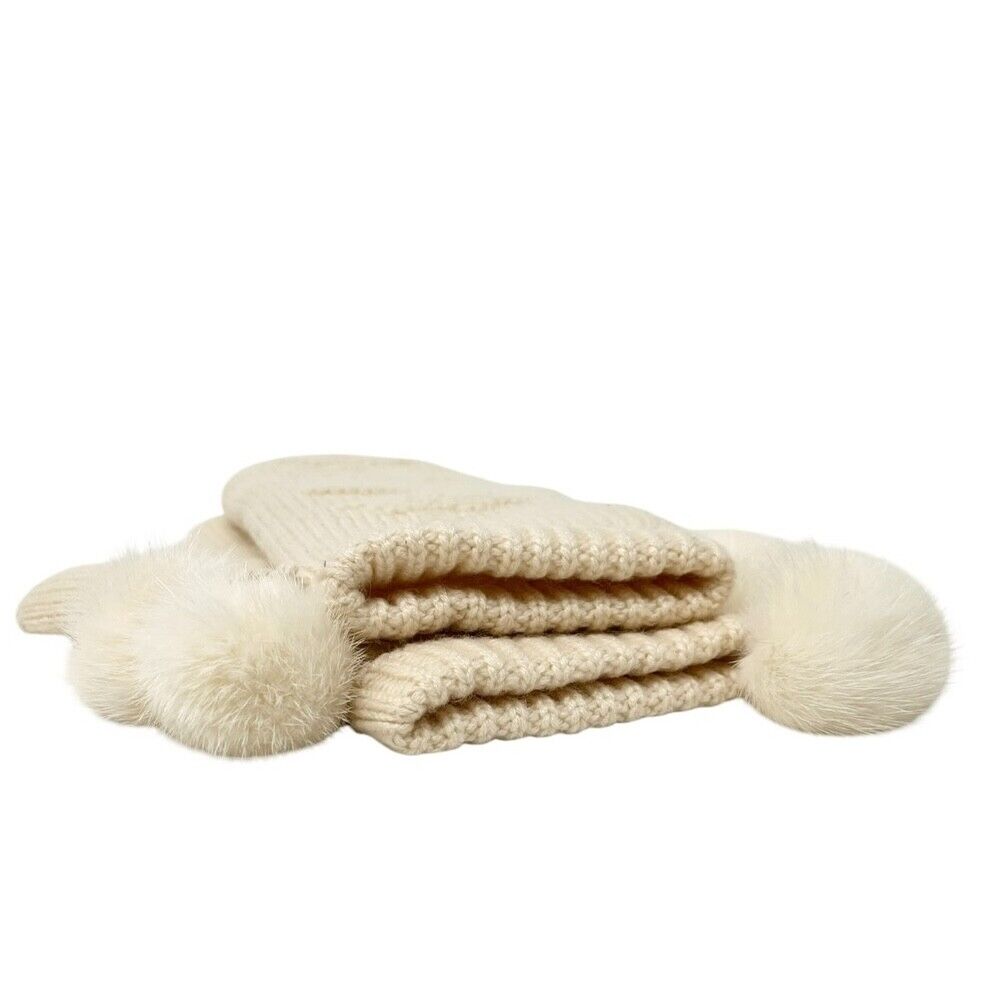LOUIS VUITTON Vintage LV Logo Knit Gloves Mink Pompons Cream Cashmere