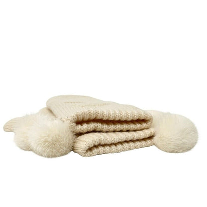 LOUIS VUITTON Vintage LV Logo Knit Gloves Mink Pompons Cream Cashmere