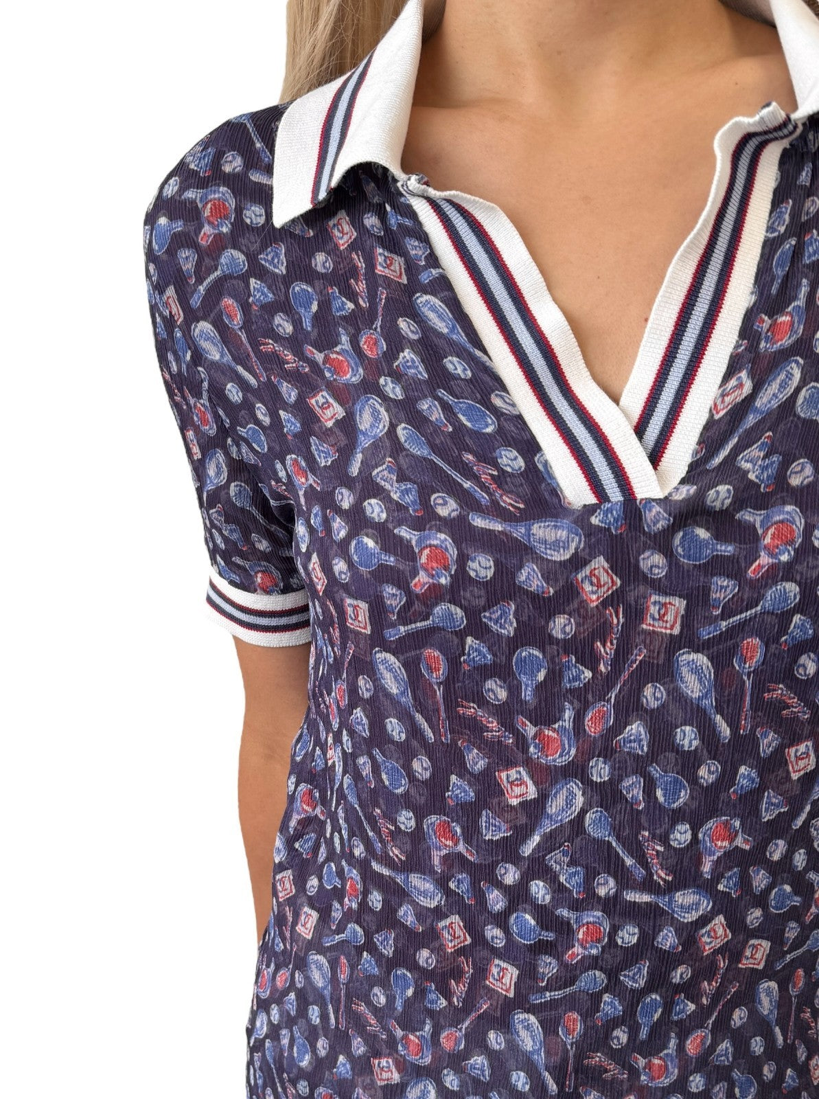 CHANEL Sport Vintage 06P Polo Shirt Top #34 Blue White Silk V-Neck Tennis