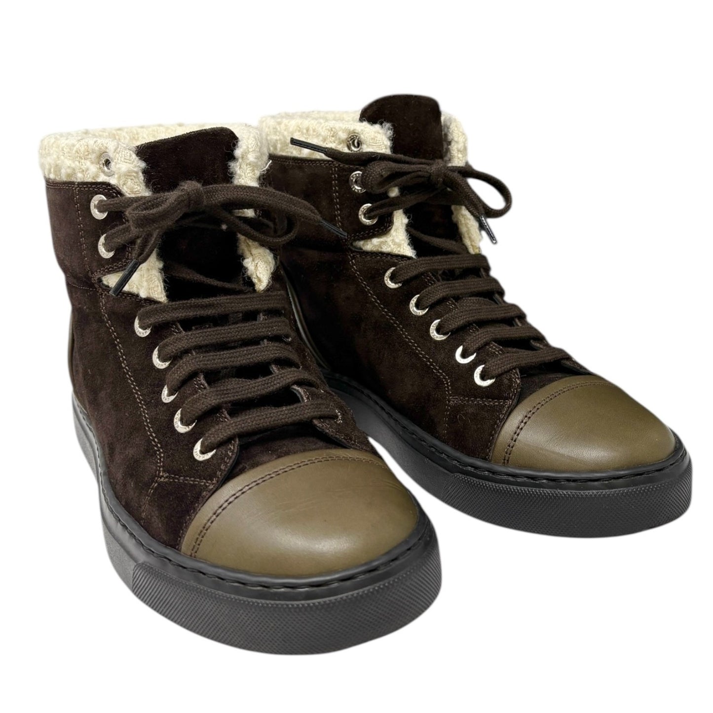 CHANEL Vintage 15A CC Suede Shearling High-cut Sneakers #38 Olive Green Brown