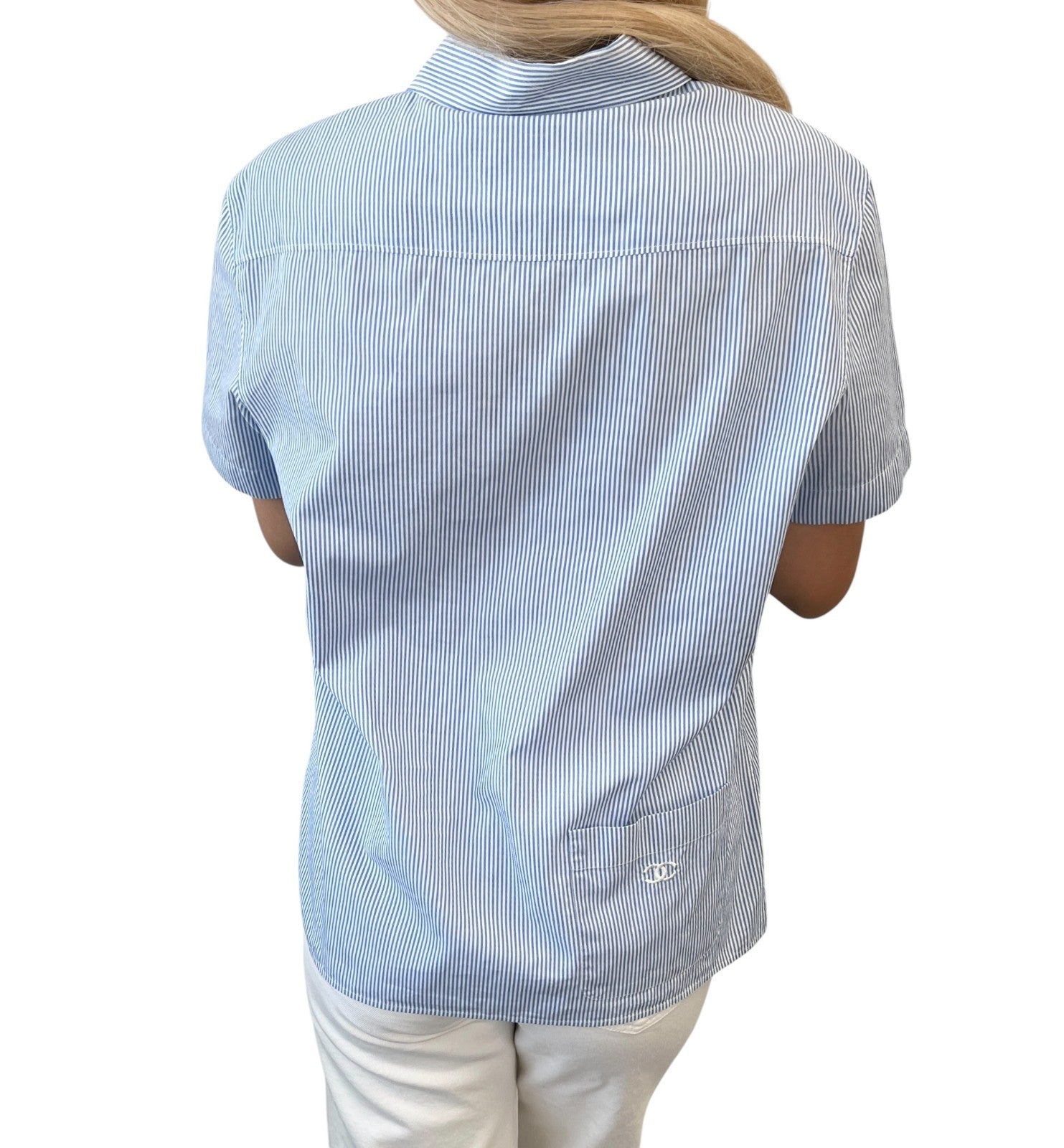 CHANEL Vintage 99P CC Logo Shirt Top #40 Button Up Stripe Blue Short Sleeve