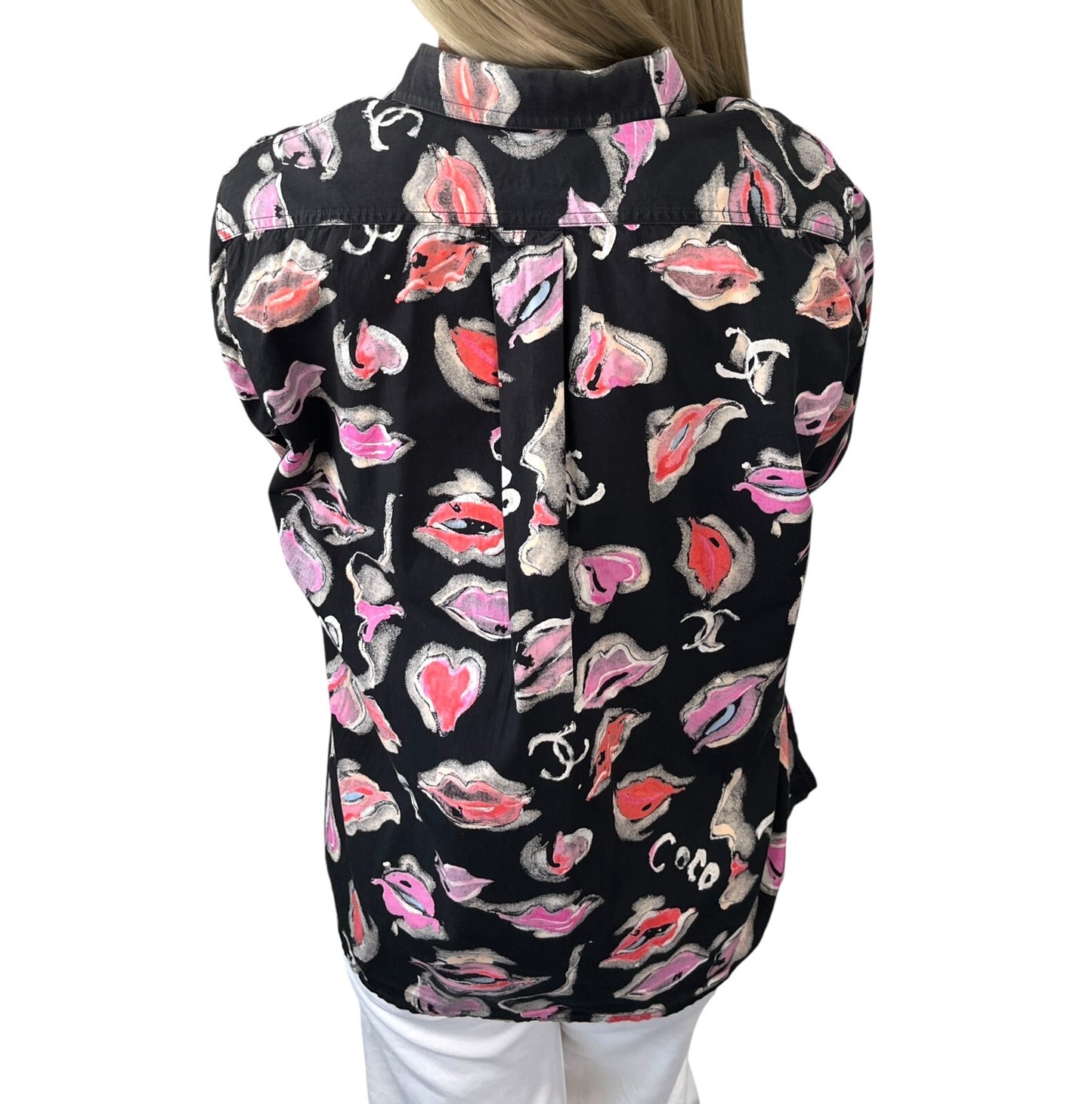 CHANEL Vintage 1995 CC Logo Lip Print Shirt Blouse Top Button Black Pink Cotton