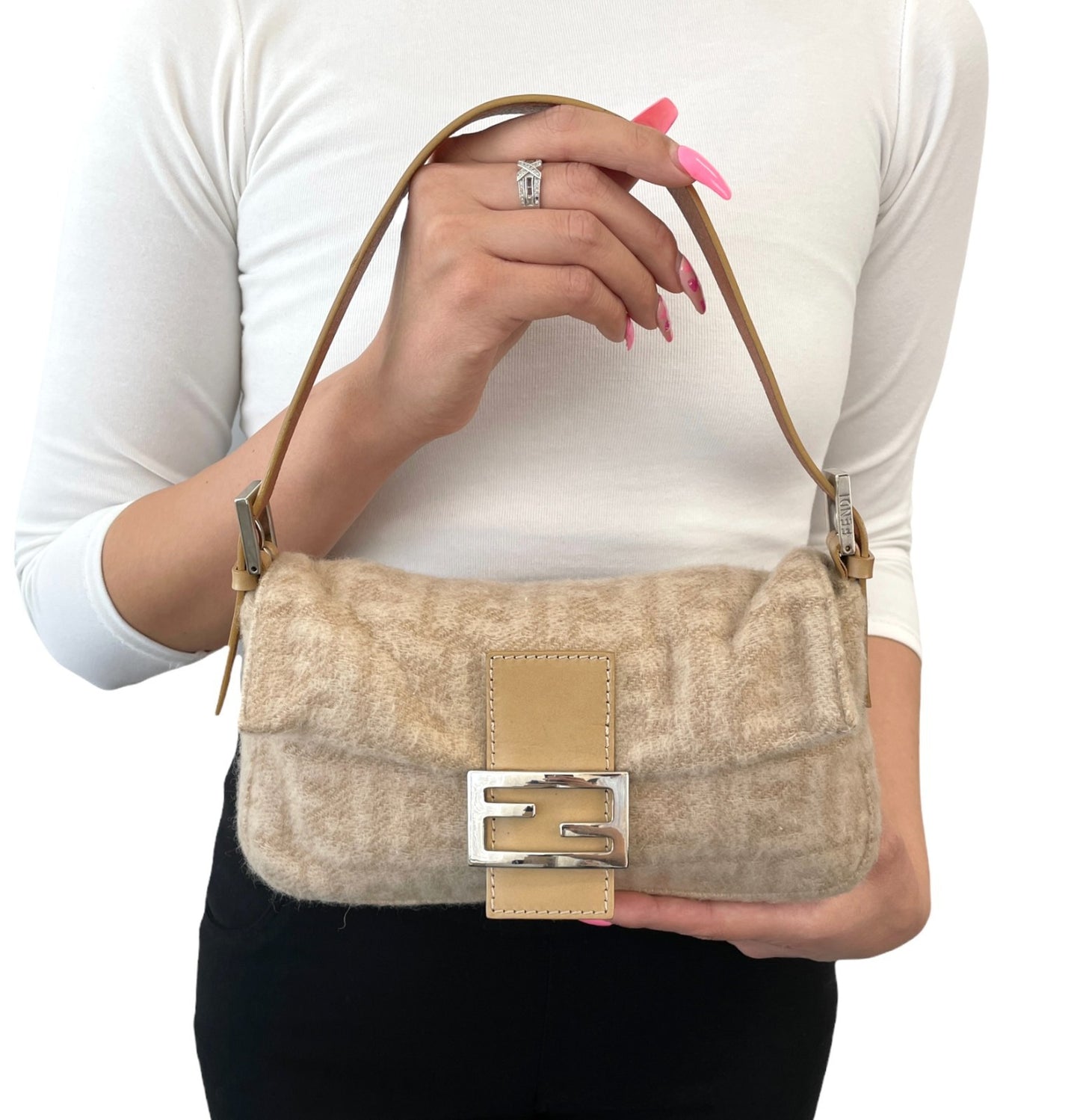 FENDI Vintage Zucca Monogram Wool Knit Mamma Baguette Shoulder Bag Beige