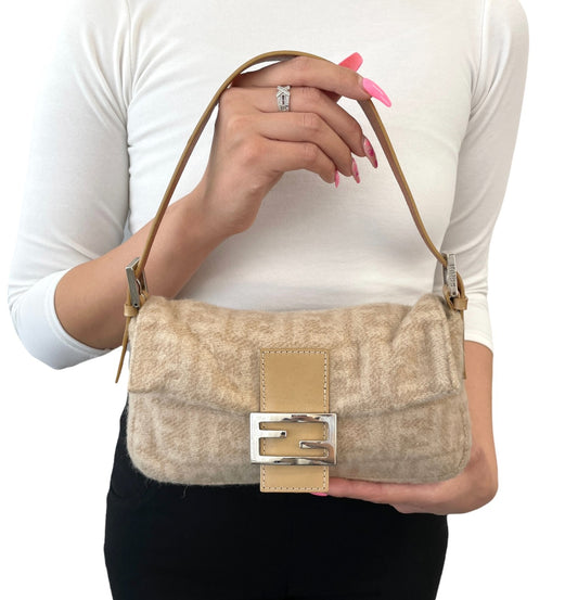 FENDI Vintage Zucca Monogram Wool Knit Mamma Baguette Shoulder Bag Beige