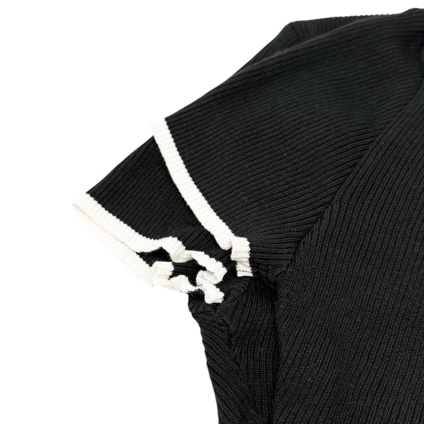 CHANEL Vintage 95P CC Logo Cropped Ribbed T-shirt #36 Black White Cotton